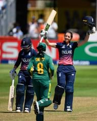 BRISTOL, ENGLAND - JULY 05:  England batsman Sarah Taylor (r) celebrates her century with fellow century maker Tammy Beaumont during the ICC Women's World Cup 2017 match between England and South Africa at The County Ground on July 5, 2017 in Bristol, England.  (Photo by Stu Forster/Getty Images)